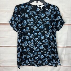 DR2 Top Womens S Black Blue Floral Blouse Short Sleeve Round Neck T-Shirt Woven